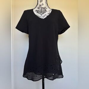 Night Way Collections Black V-Neck Short Sleeve Tunic with Hem Embellishment